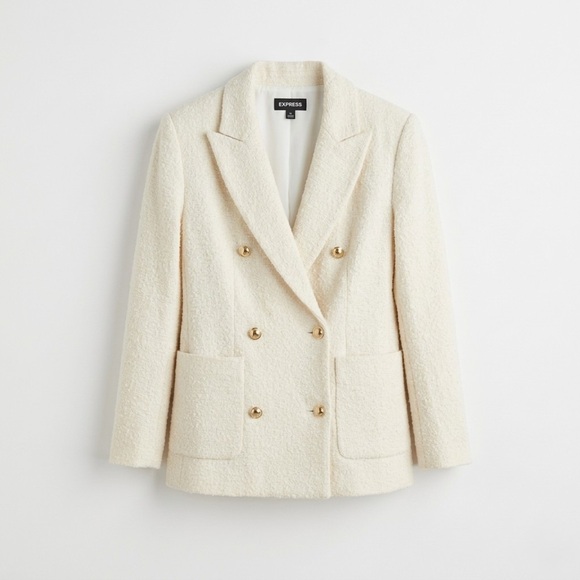 EXPRESS SAWN IVORY HAND SEWN WOOL BLEND DOUBLE BREASTED NOVELTY BUTTON BLAZER